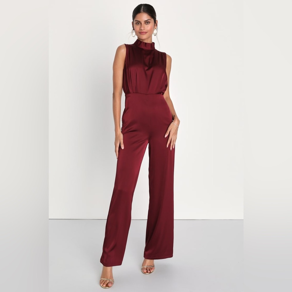 NWOT | Lulus | Classic Elegance Wine Red Satin Sleeveless Mock Neck Jumpsuit | S
